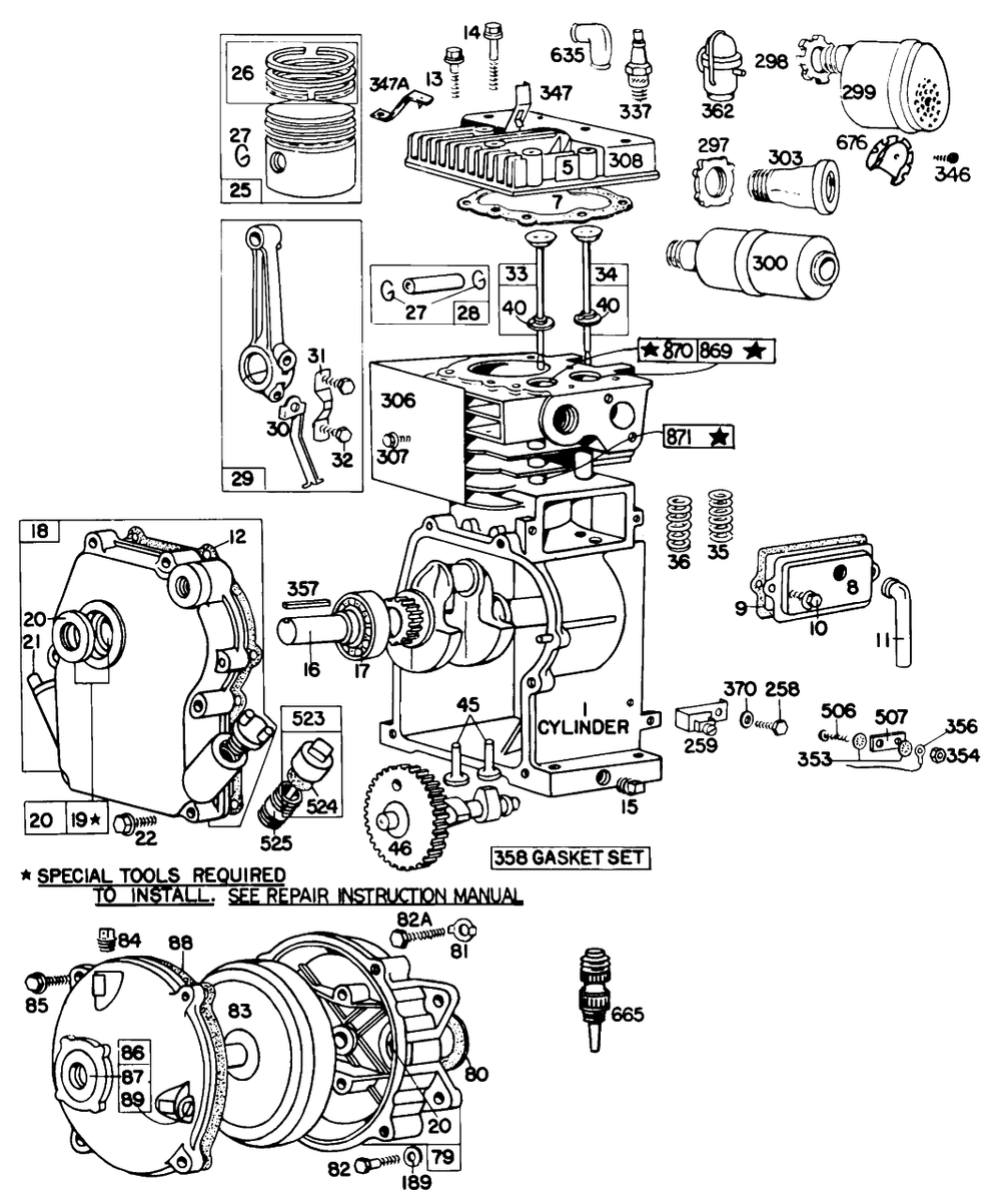 Cylinder,crankcase,gear Case Diagram and Parts List for  Briggs and Stratton Engine